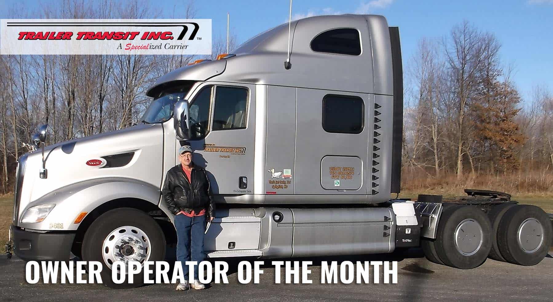 Trailer Transit Inc. | A woman standing in front of a truck with the words owner operator of the month.