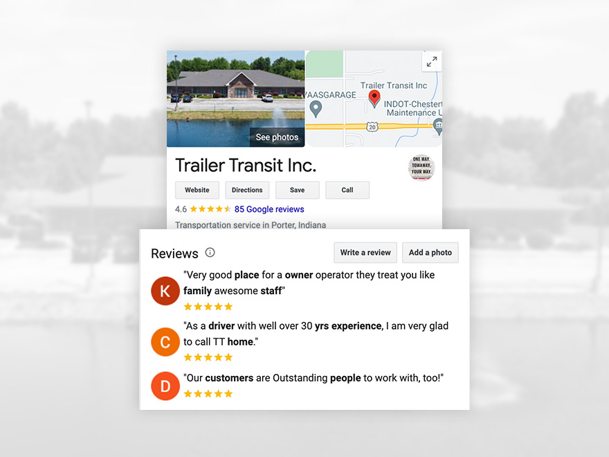 Screenshot of Trailer Transit's Google Profile, with 5 star reviews