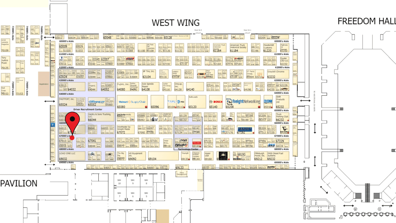 MATS-TT-Booth Trailer Transit Inc. | A detailed layout map of the convention center floor, highlighting various exhibitor booths and section labels, features a prominent red map pin marking the location of "Official Recruiters for GI Jobs," alongside opportunities from Mid-America Truck Show driver jobs.