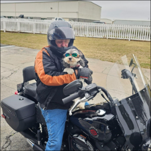 Trailer Transit Inc. | A motorcyclist wearing a helmet and jacket, is sitting on a black motorcycle, holding a Shih-Poo dog wearing goggles.