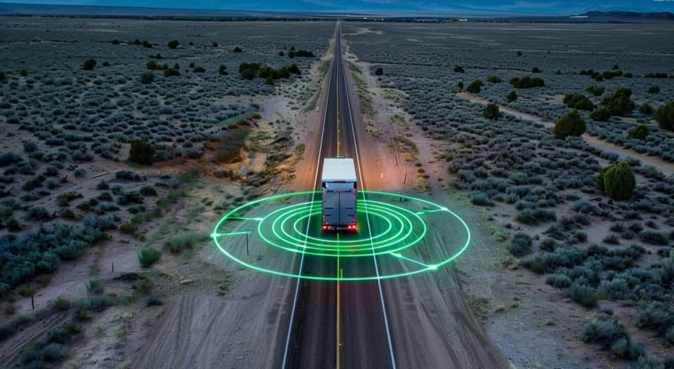 Trailer Transit, Inc. | Truck on a road with green digital graphic around it.