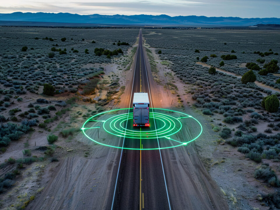 Trailer Transit, Inc. | Truck on a road with green digital graphic around it.