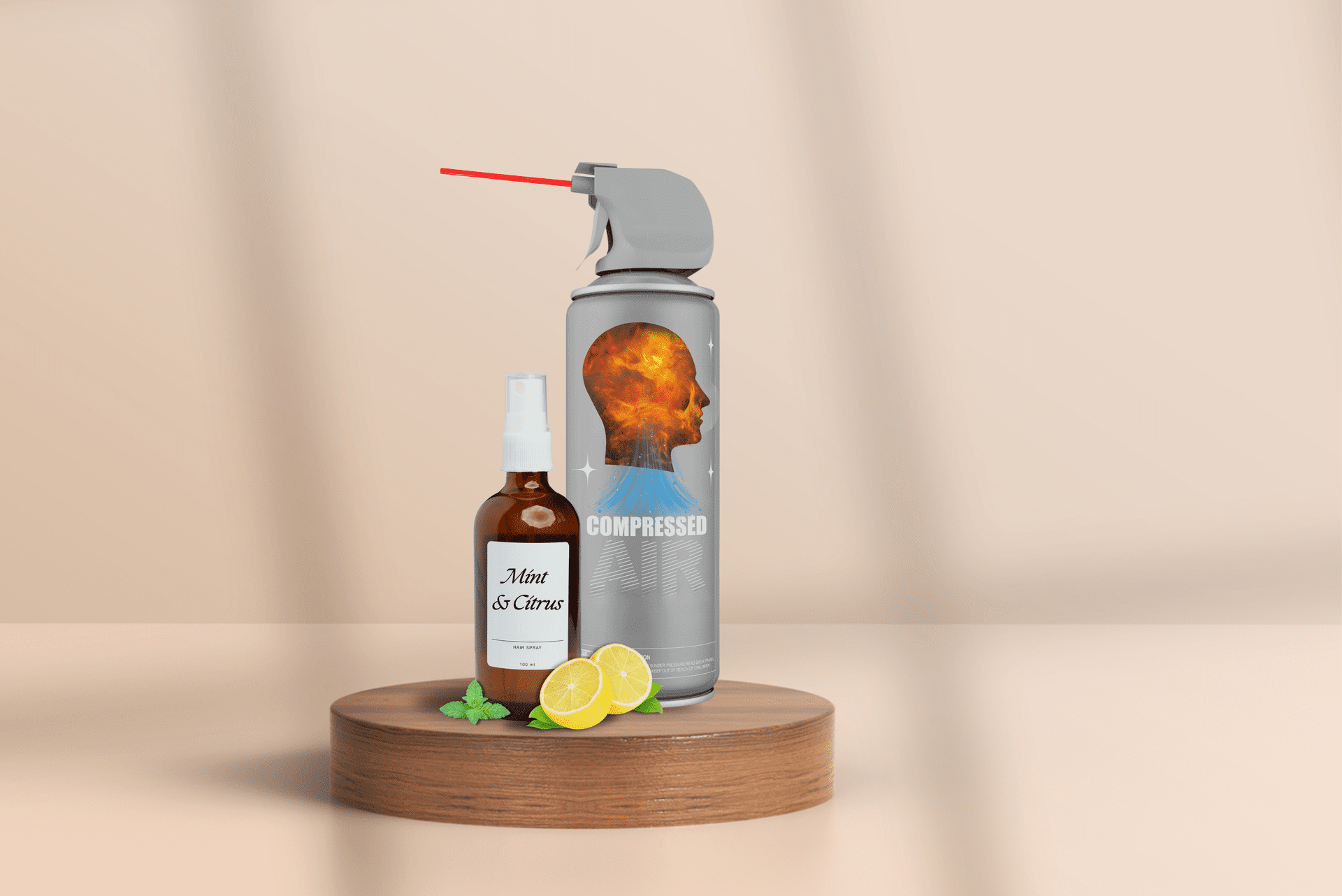 Blog Posts (5658 x 3777 px) Trailer Transit Inc. | Display of a citrus facial mist and a can of compressed air showing a hot person to be cooled.