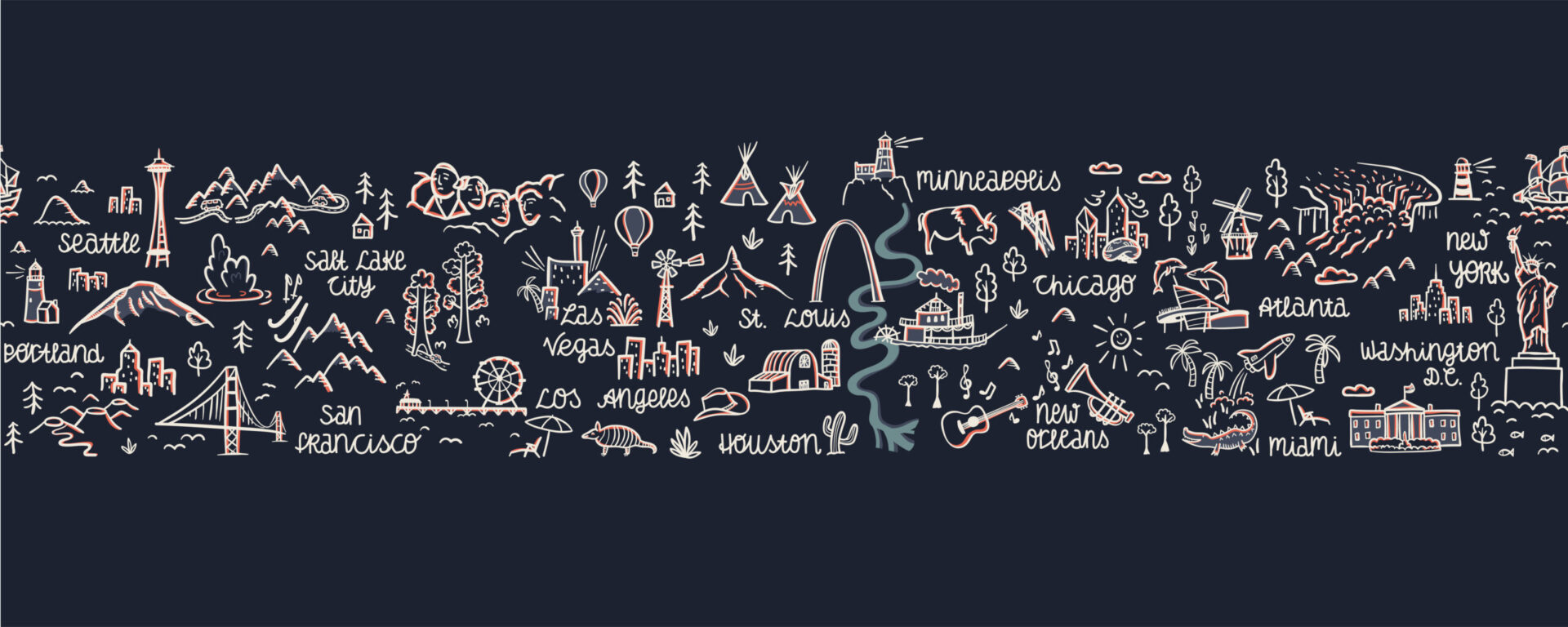 Trailer Transit Inc. | Illustrated map featuring prominent landmarks and symbols of various U.S. cities.