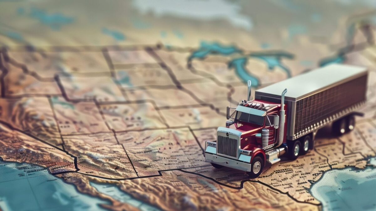 Trailer Transit, Inc. | realistic illustration of a truck driving on a topographic map of USA