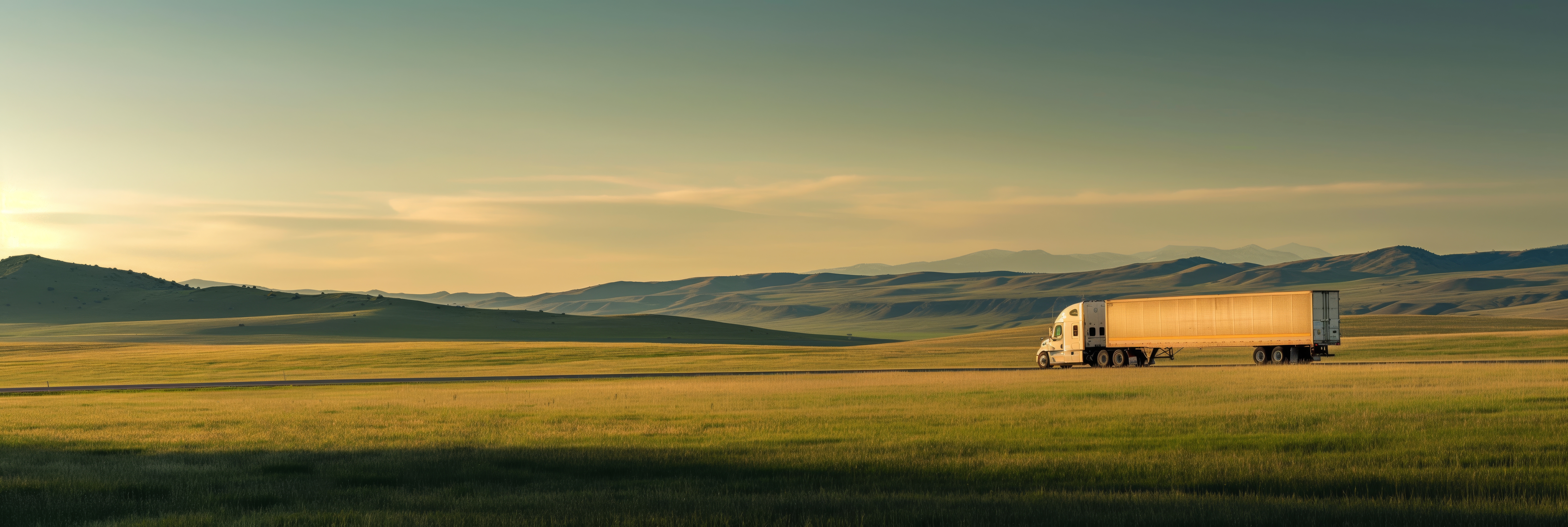 A lone semi-truck is driving across a vast landscape with a mountain backdrop under a sunset sky Trailer Transit Inc. | A white semi-truck drives along a road through a vast, grassy landscape with hills and distant mountains under a clear sky.