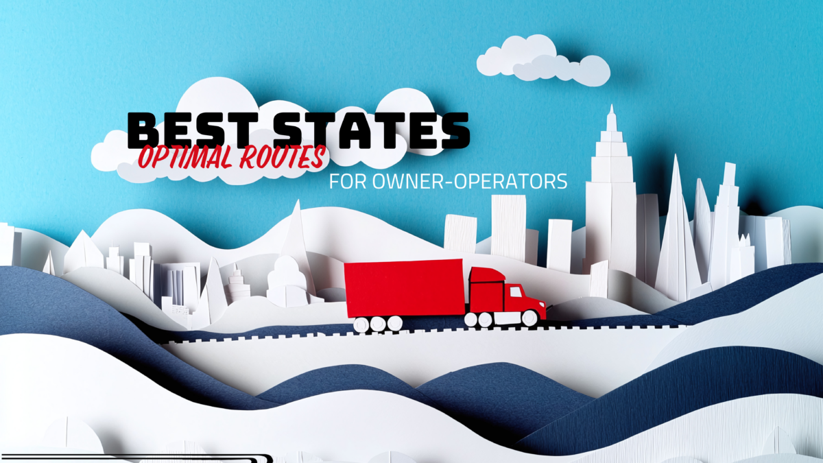 Trailer Transit, Inc. | paper craft image of a red semi truck traveling over blue and white paper terrain in front of white paper mountains and cityscapes