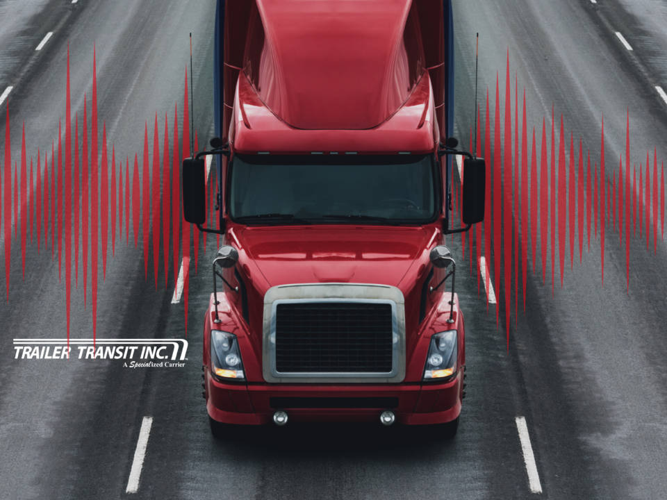 Trailer Transit, Inc. | Red semi truck on a highway with red soundwaves around the cab and a white Trailer Transit logo.
