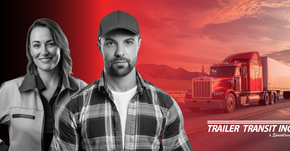 Trailer Transit Inc. | A woman and a man, both owner operator truck drivers, are in the foreground in front of a red semi hauling a trailer. The image features "Trailer Transit Inc." branding in the corner.