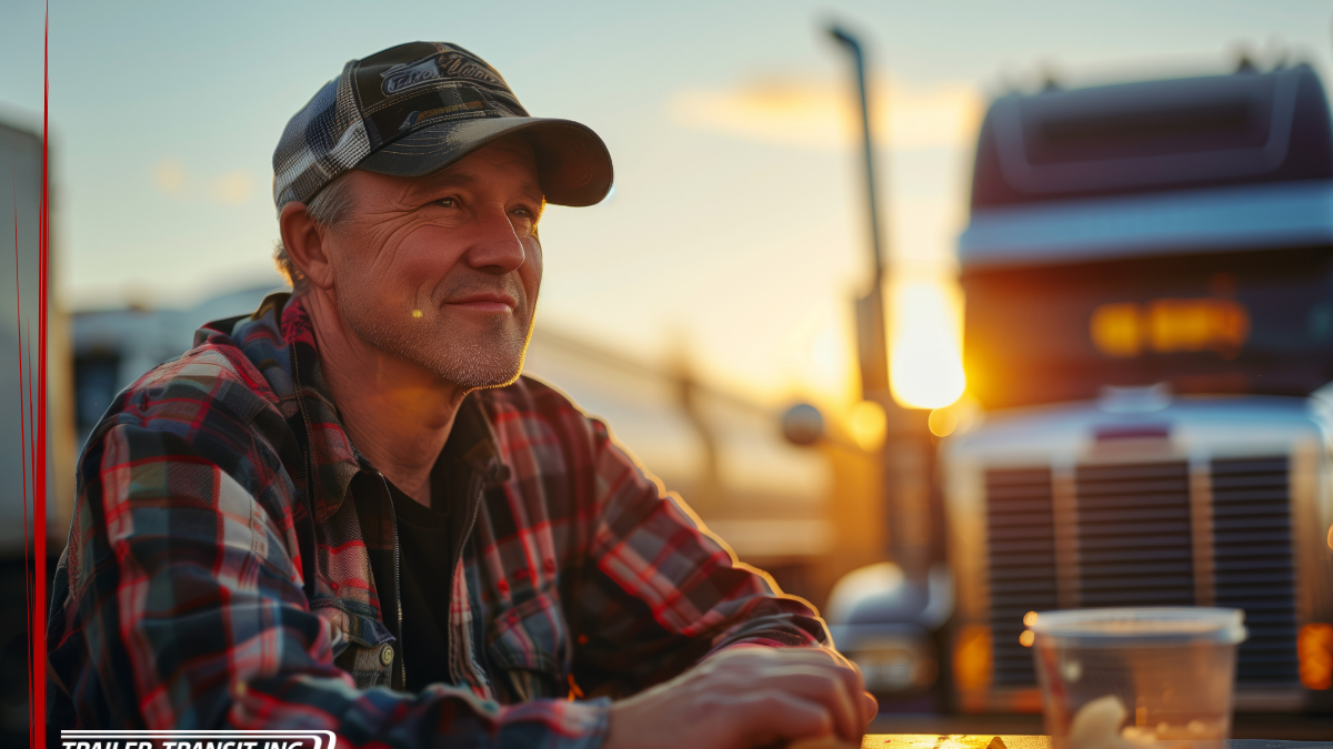 Trailer Transit Inc. | An owner operator driver in a cap sits outside near a truck at sunset.