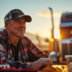 Trailer Transit Inc. | An owner operator driver in a cap sits outside near a truck at sunset.