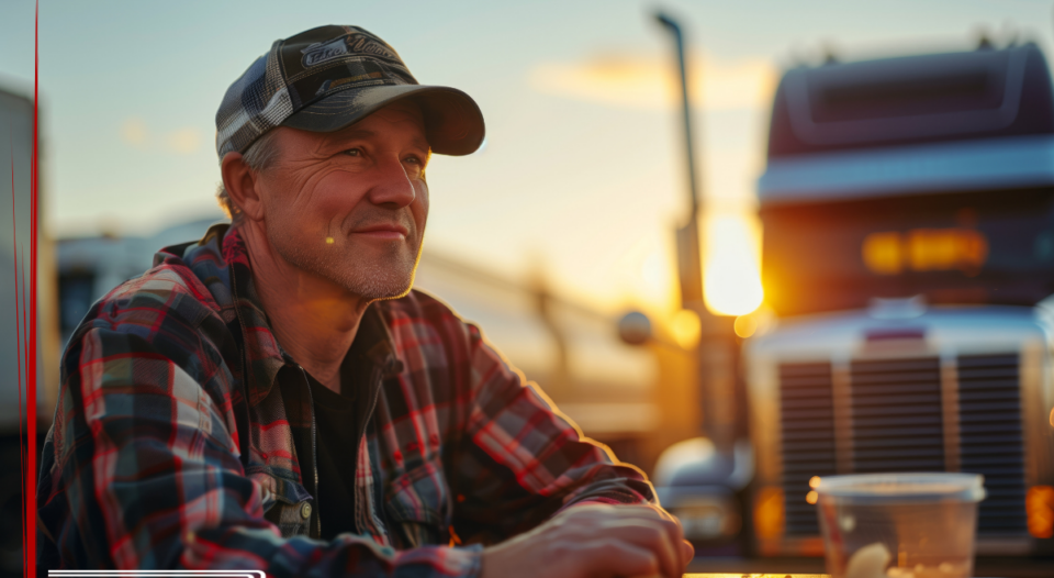 Trailer Transit Inc. | An owner operator driver in a cap sits outside near a truck at sunset.
