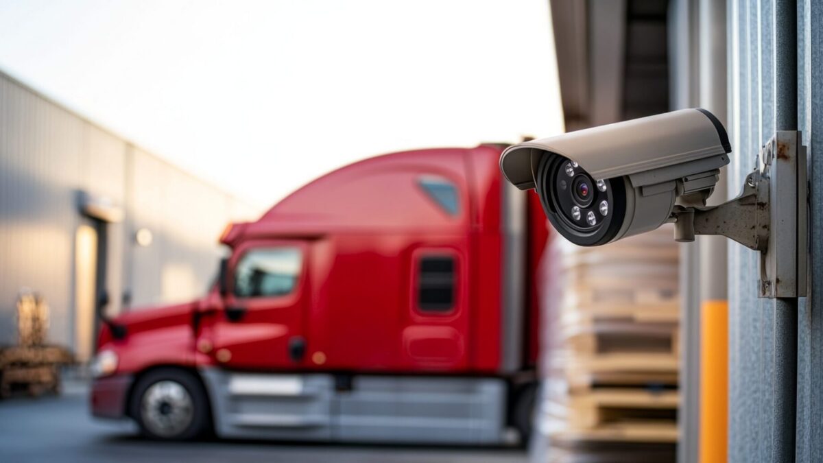 Trailer Transit Inc. | A security camera mounted on a wall monitors a loading area where an Owner Operator's red semi-truck is parked nearby, with wooden pallets stacked in the background.