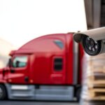 Trailer Transit Inc. | A security camera mounted on a wall monitors a loading area where an Owner Operator's red semi-truck is parked nearby, with wooden pallets stacked in the background.