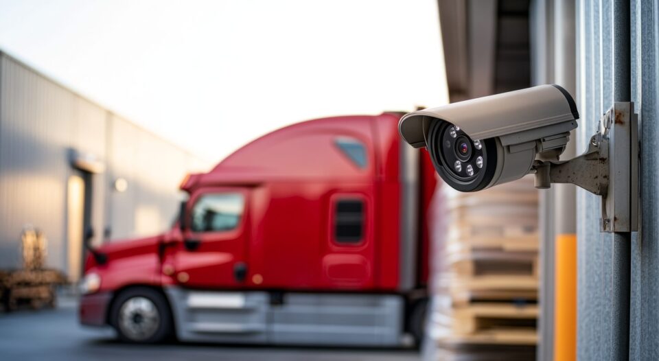 Trailer Transit Inc. | A security camera mounted on a wall monitors a loading area where an Owner Operator's red semi-truck is parked nearby, with wooden pallets stacked in the background.