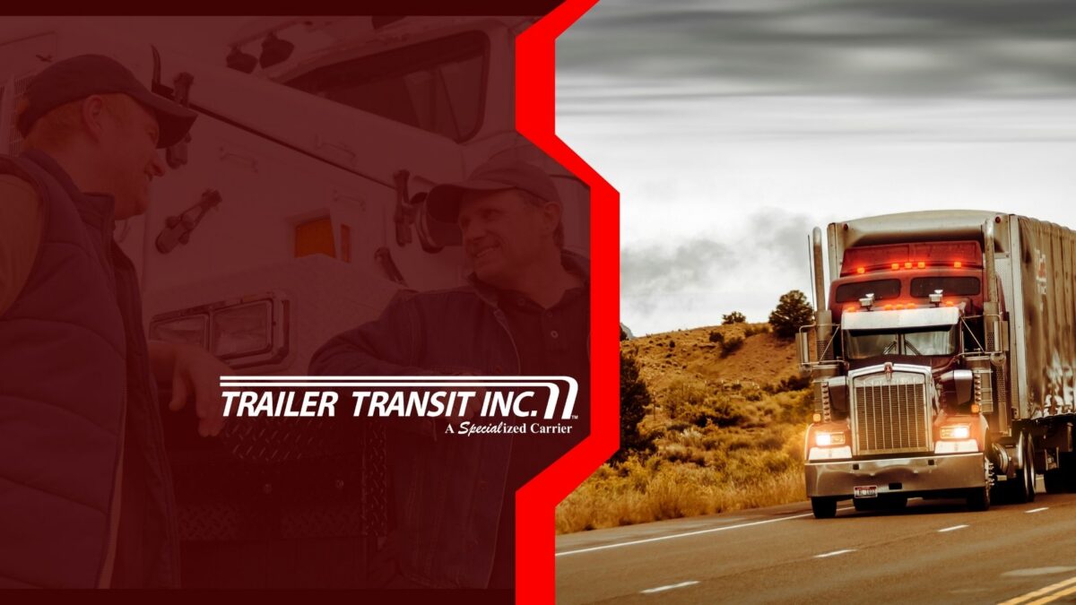 Trailer Transit Inc. | An Owner Operator and a friend stand beside a truck featuring the Trailer Transit Inc. logo on the left. On the right, a semi-truck drives along a highway through a rural landscape.
