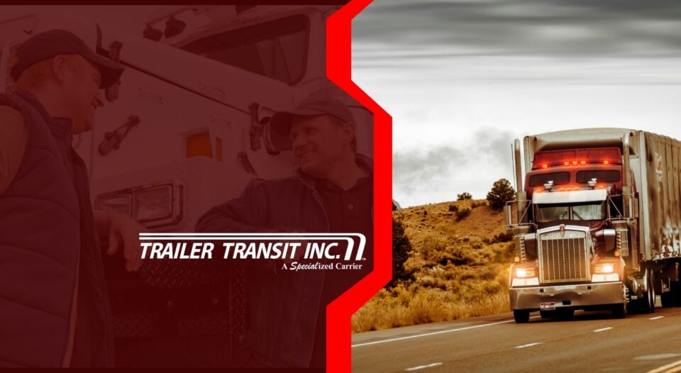 Trailer Transit Inc. | An Owner Operator and a friend stand beside a truck featuring the Trailer Transit Inc. logo on the left. On the right, a semi-truck drives along a highway through a rural landscape.