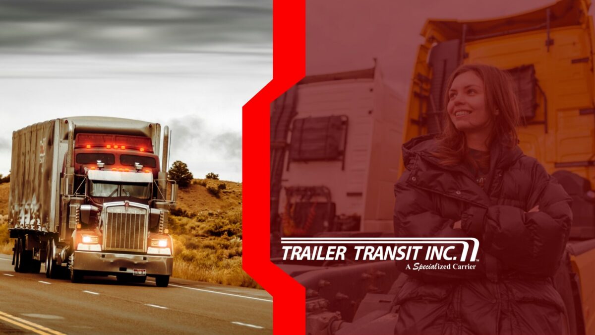 Trailer Transit Inc. | A semi-truck drives on a highway under cloudy skies, with a woman standing and smiling near parked trucks beside the Trailer Transit Inc. logo, highlighting the joy of bringing companions on the road in trucking.