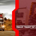 Trailer Transit Inc. | A semi-truck drives on a highway under cloudy skies, with a woman standing and smiling near parked trucks beside the Trailer Transit Inc. logo, highlighting the joy of bringing companions on the road in trucking.