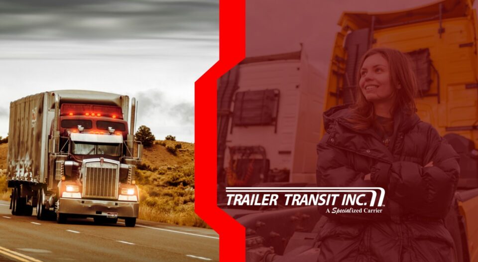 Trailer Transit Inc. | A semi-truck drives on a highway under cloudy skies, with a woman standing and smiling near parked trucks beside the Trailer Transit Inc. logo, highlighting the joy of bringing companions on the road in trucking.