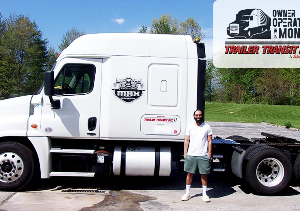 Trailer Transit Inc. | February Owner Operator of the month, Brandon, standing in front of a white semi-truck with "Trailer Transit Inc." logo, proudly recognized as the Trailer Transit Owner Operator of the Month; badge displayed in the top right corner.