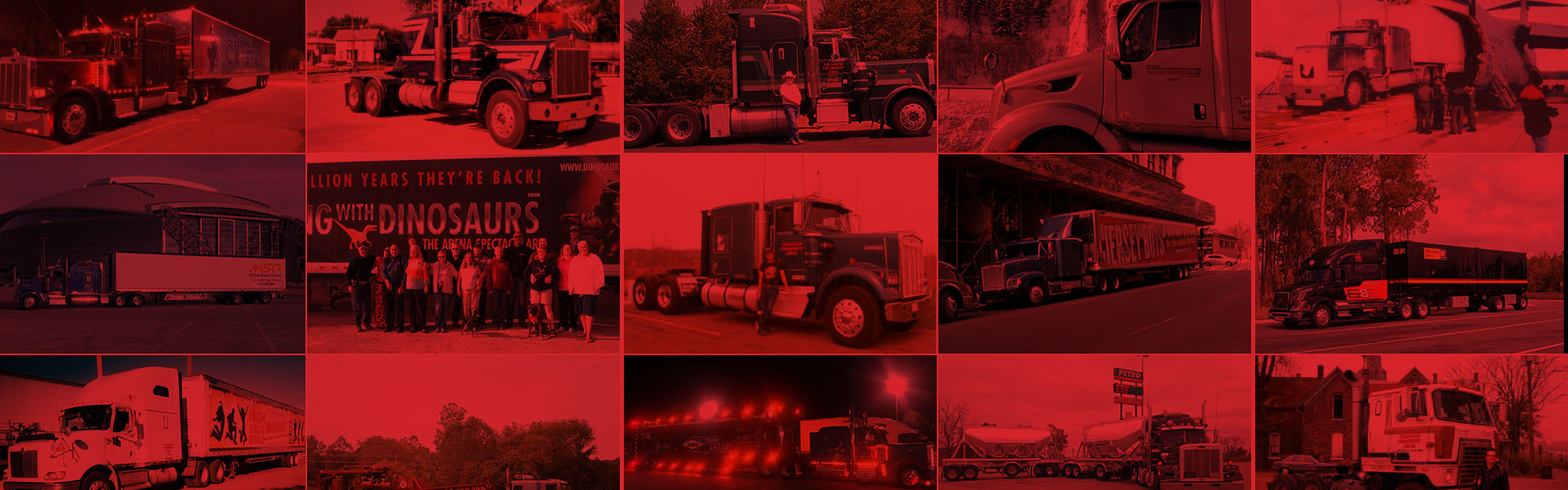 Trailer Transit, Inc. | A collage of various semi-trucks and trailers, some parked and some on the road, with a red filter overlay.