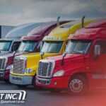 Trailer Transit Inc. | Row of semi-trucks in various colors, including red, gray, and yellow, parked side by side; "Trailer Transit Inc." logo is visible in the lower left corner—representing a truck transportation company that leases on owner operators.