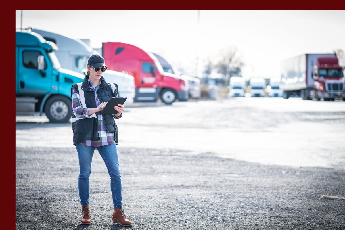 TT Blog - 0426-5 Trailer Transit Inc. | A transport company employee wearing casual clothes and a cap stands in a parking lot with several parked semi-trucks, using a tablet to review route and other information, highlighting a benefit of hiring a truck transportation company with owner operators.