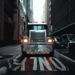 Trailer Transit, Inc. | A large silver Mack truck is parked head-on in the middle of a city street marked "ONLY," surrounded by tall buildings and parked cars.