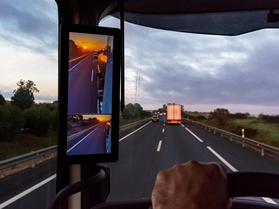 Trailer Transit, Inc. | View from the driver's position of a truck on the road of a sunrise seen by the vehicle's rearview mirrors.