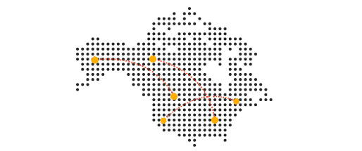 Trailer Transit, Inc. | Dotted outline of a geographic region with five orange dots connected by red dashed lines, indicating routes or connections between locations.