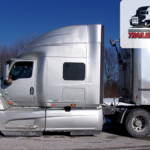 Trailer Transit, Inc. | Owner Operator, Nancy, sits in her silver semi-truck parked on pavement in winter. An overlay in the top right corner reads “Owner Operator of the Month, Trailer Transit Inc.” with a truck icon and logo.