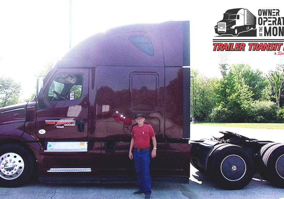 Trailer Transit, Inc. | Owner Operator, Allen, wearing a red shirt stands in front of a maroon semi-truck. “Owner Operator of the Month” and “Trailer Transit Inc.” logos appear in the top right corner.
